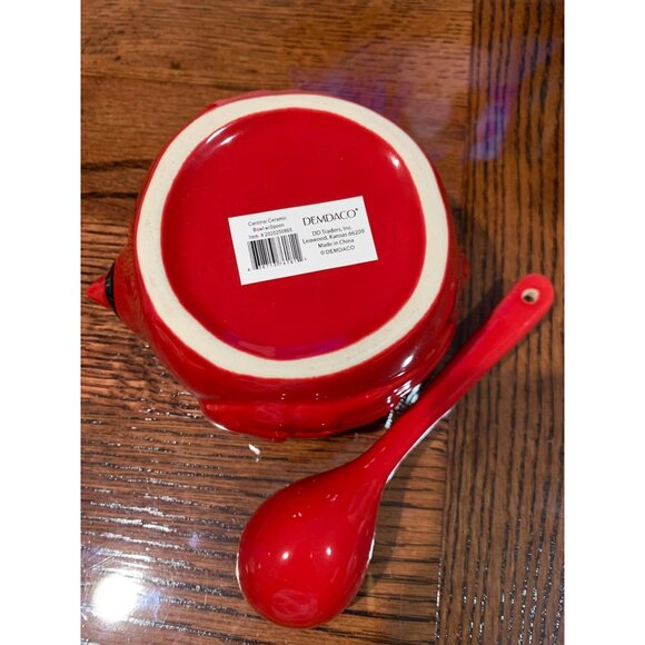 Red Ceramic Cardinal Serving Bowl With Matching Spoon By DEMDACO NWT - Picture 6 of 7